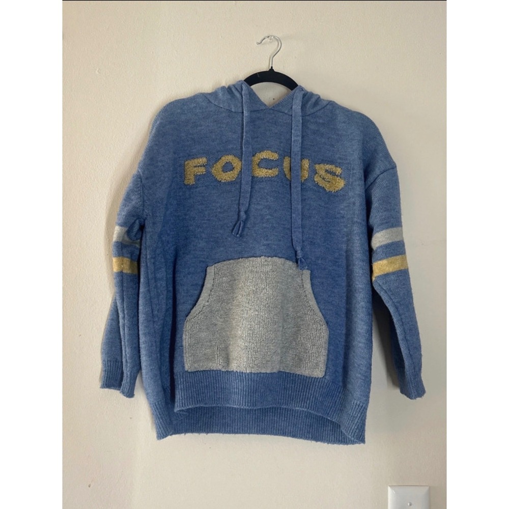 Focus Unisex Blue Knit Hoodie Sweatshirt Large Graphic Varsity Stripe Pullover